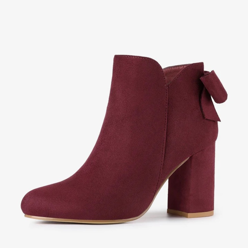 Allegra K maroon bow heeled boots